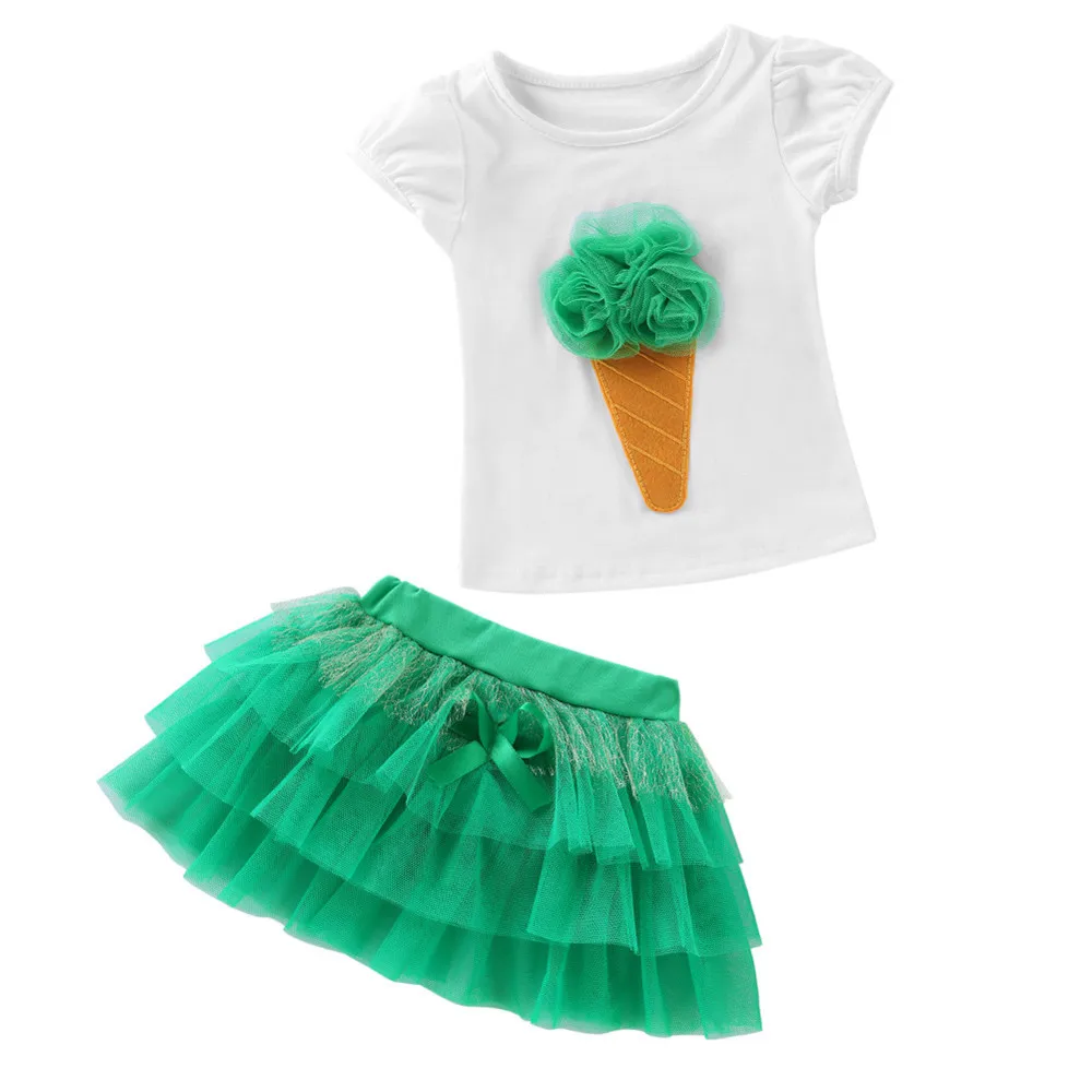 Комплект из 2 предметов для маленьких девочек; футболка с объемным рисунком мороженого; комплект юбки-пачки; одежда для Дня Святого Патрика; детская одежда