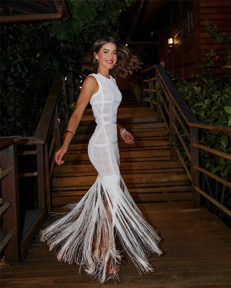 

Celebrity High Quality White Round Neck Sleeveless Tassel Women's Bandage Dress Party Evening Club Dress