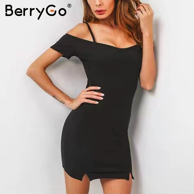 BerryGo Off shoulder strap summer dress women Elastic short black dress