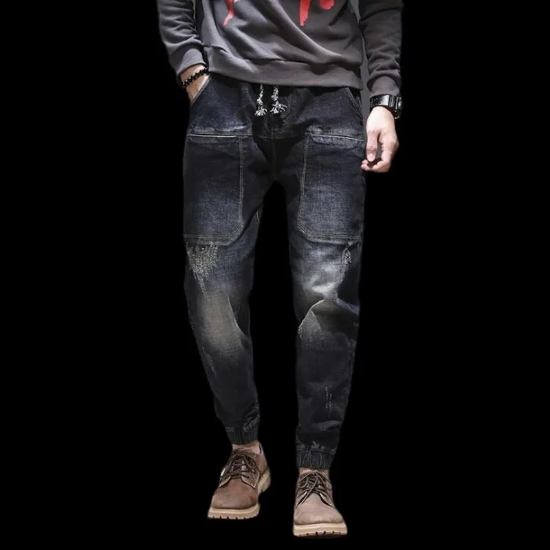 

Fashion Men Jeans Men's Harem Jeans New Hip Hop Loose Elastic Waist Drawstring Beam Foot Casual Denim Trouser