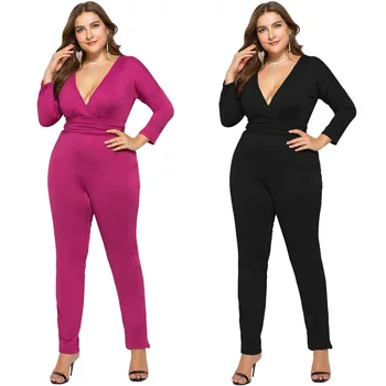 

New hot fashion high waist women's trousers hollow V-neck sexy slim women's pants fat MM large size casual women's jumpsuit
