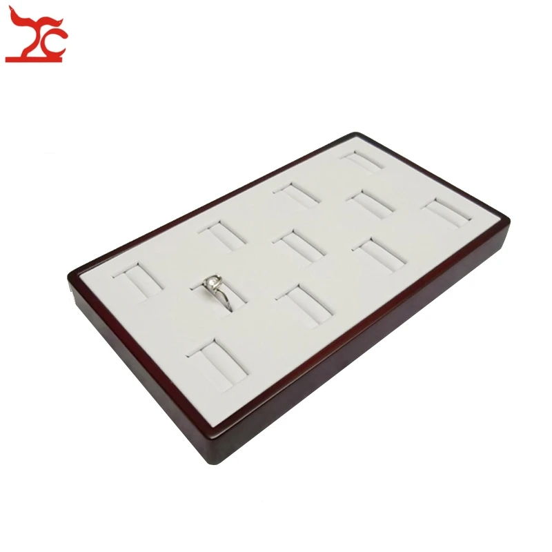 

FREE SHIPPING 11 Slots Red Wood Jewellery Display Box White PU Wooden Ring Organizer Storage Tray 19*17*2cm
