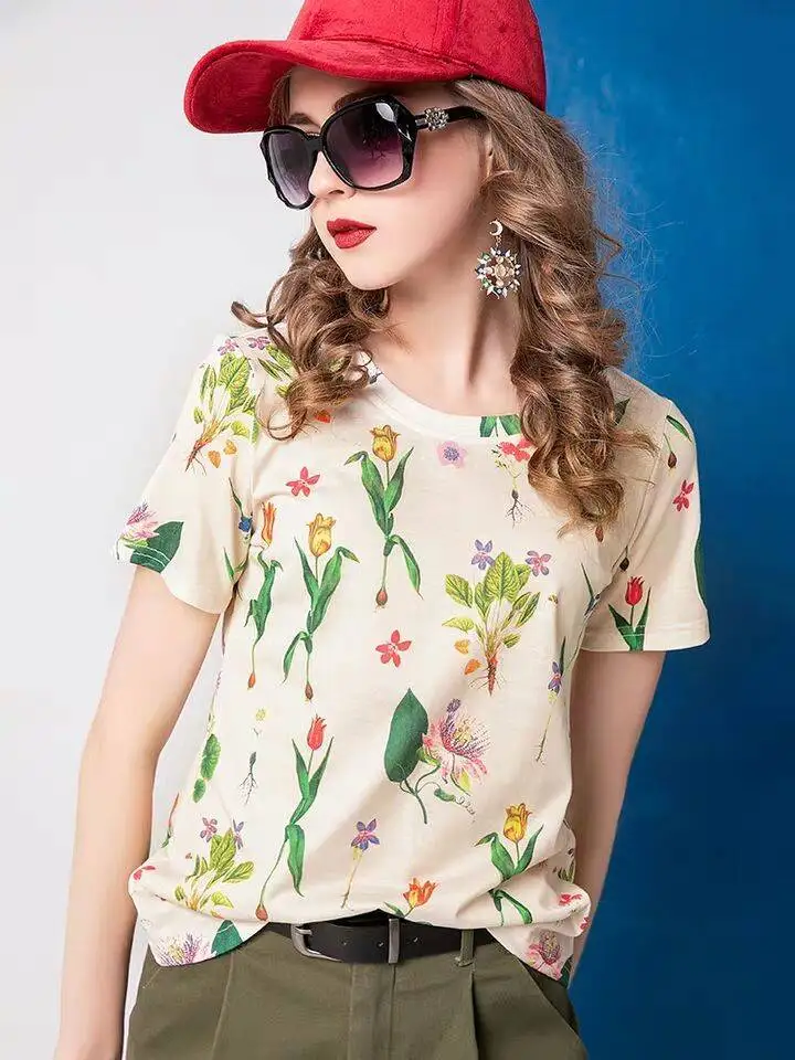 20 видов стилей,, женские футболки, блузки с мультяшным цветочным принтом, винтажные, цветочный принт, короткий рукав, повседневные, милые, для девушек, летние, топы, NS773 - Цвет: 8