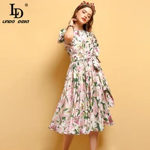 Женские повседневные платья миди LD LINDA DELLA, платье с рукавом-фонариком, цветочным принтом с лилиями, бантом, завышенной талией, рюшами, лето