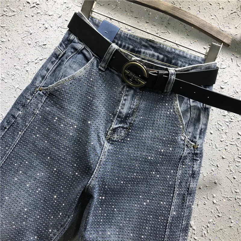 Beste Plus size 26 31! Mode Strass diamant hoge taille vrouwen denim broek losse casual jeans vrouwelijke harembroek