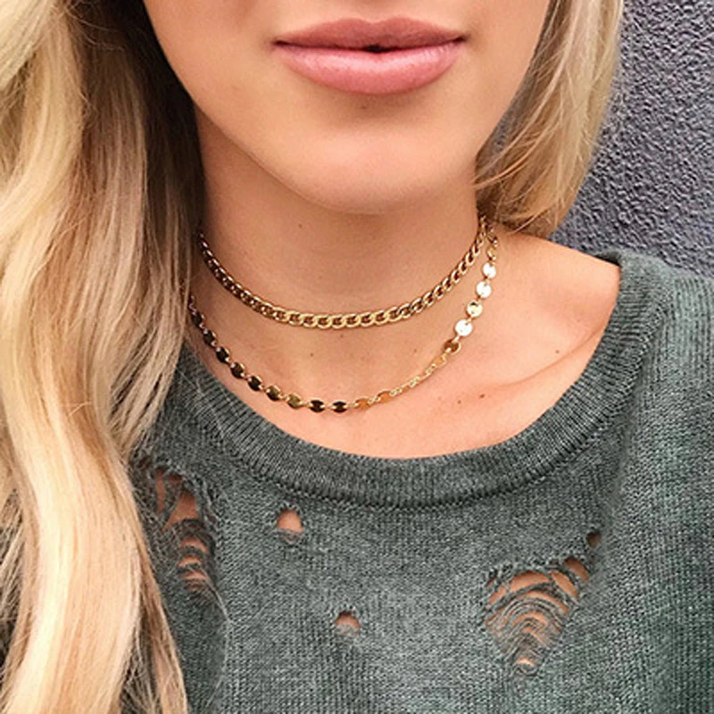 

KBJW Delicate Two Layers Metal Choker Girls Item Round Disk Chain Little Punk Style Necklace for Women