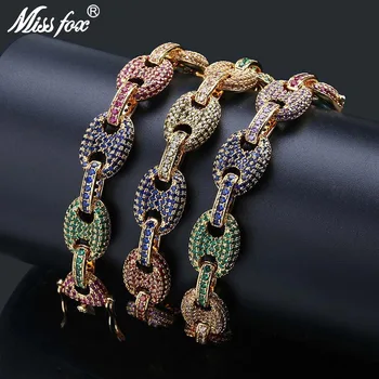 

MISSFOX HIP Hop 12mm Men's Lab Simulated 24K Gold Plated AAA CZ Rainbow Stones Button Link Chain Bracelet Necklace 18" 22"