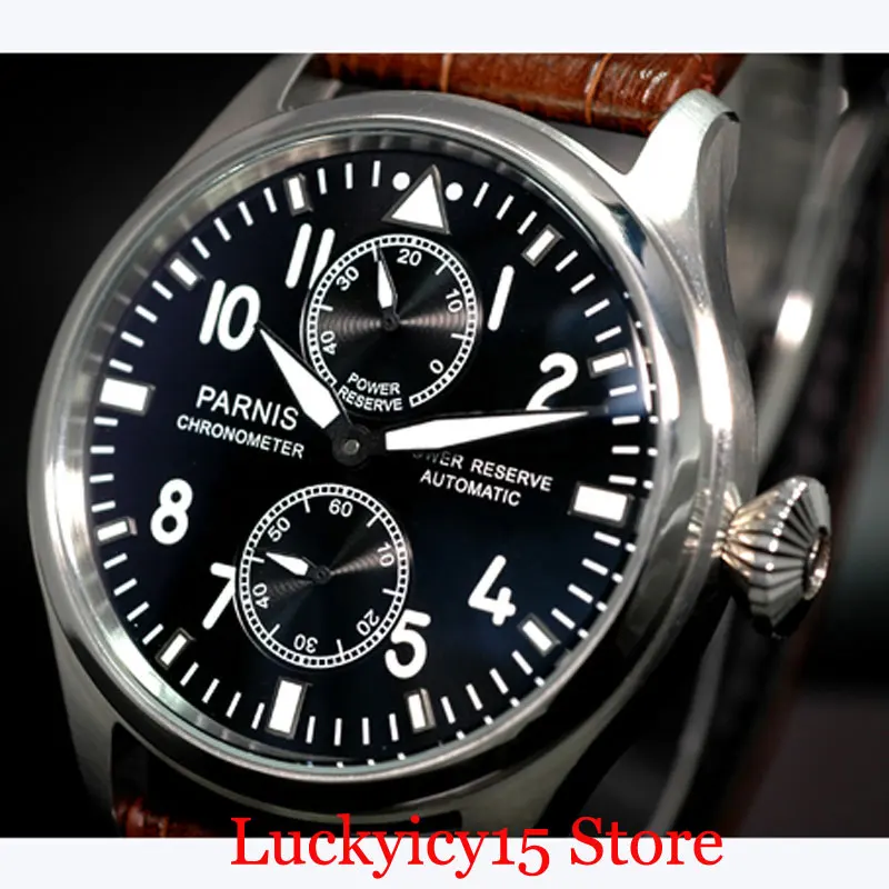 

PARNIS 47mm Automatic Men's Watch Power Reserve Big Crown Self Winding Watch Brown Strap