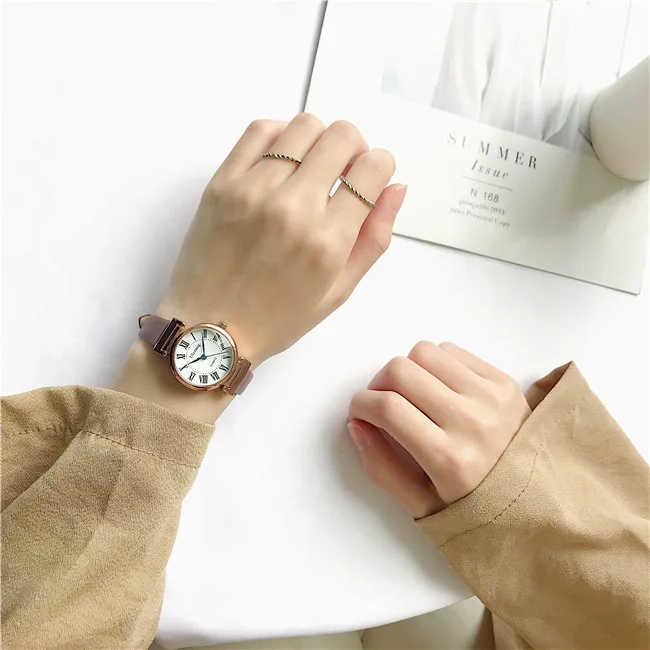 Римские женские часы в стиле ретро Ulzzang модные брендовые очаровательные женские часы-браслет с коричневым винтажным кожаным ремешком - Цвет: Brown white