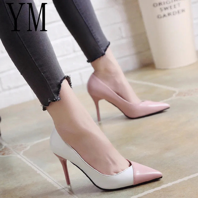2018 Women Pumps OL Fashion Spell Color High heels Single Shoes Female Spring Summer Patent leather Wedding Party shoes Woman