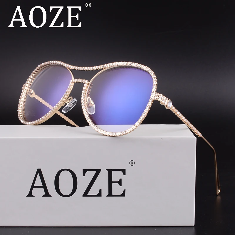 

AOZE Crystal Rhinestone Oversized Sunglasses For Women Optical Glasses Frame Clear Lens Anti Blue Rayeds UV400 case
