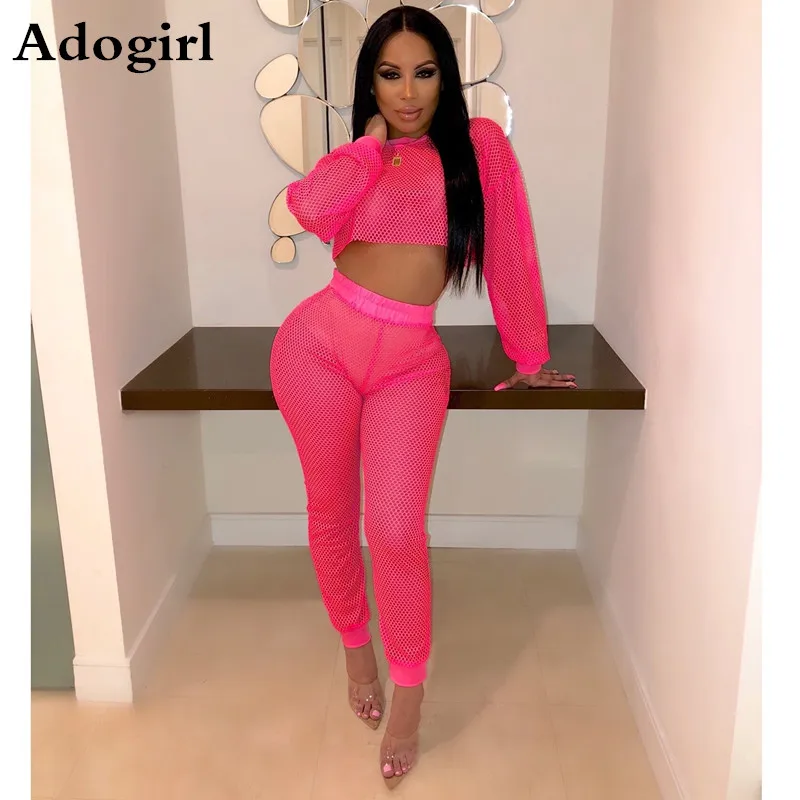 

Fishing Net Hollow Out Two Piece Set O Neck Long Sleeve Crop Top And Pants with Panties Sexy Summer Beach Outfits Clubwear