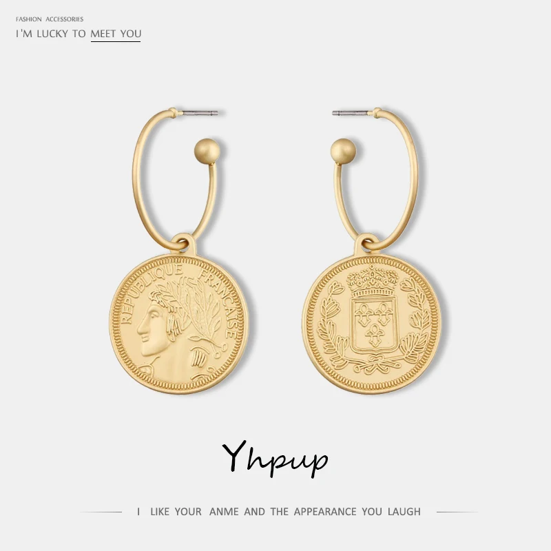 

Yhpup Fashion Simple Vintage Coin Zinc Alloy Dangle Earrings Retro Portrait Oorbellrn Gold for Women Party Pendant Jewelry 2019