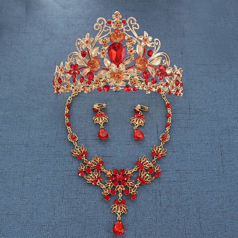 

4Pcs Vintage Baroque Wedding Hair jewelry Princess Queen Crystal Crown Red Rhinestone Tiara Golden Diadem For Women Accessories