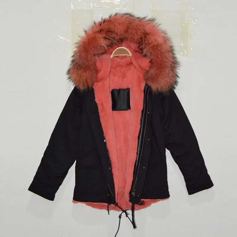 Special Offers Watermelon color outside shell black faux fur lining jacket with big raccoon fur hood for women coat Special Offers Watermelon color outside shell black faux fur lining jacket with big raccoon fur hood for women coat
