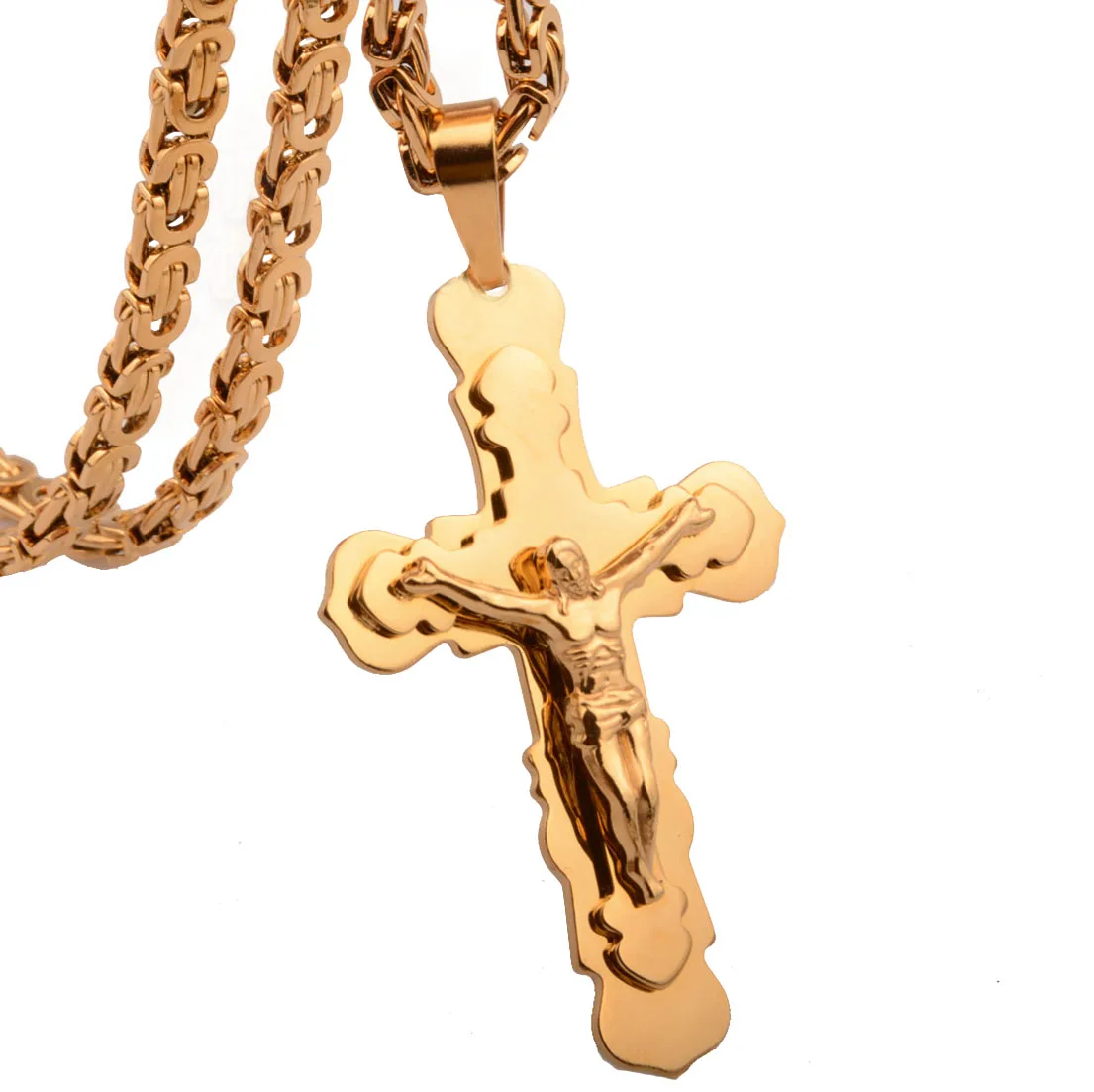 

Fashion 316L Stainless Steel Men's High Quality Gold Cross Pendant Necklace with 6mm 18-36 inches Byzantine Link Chain Jewelry