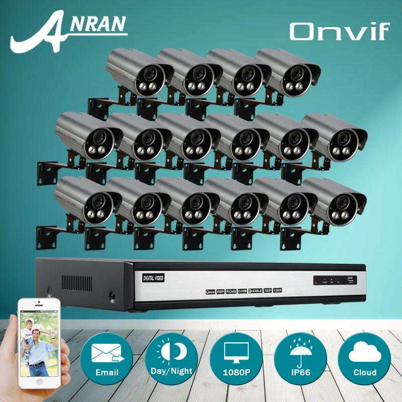 

16CH Video Surveillance System Onvif 2.0 H.264 1080P 2MP HD 2 Array IR Outdoor Network IP Camera With 16CH NVR System 6TB HDD