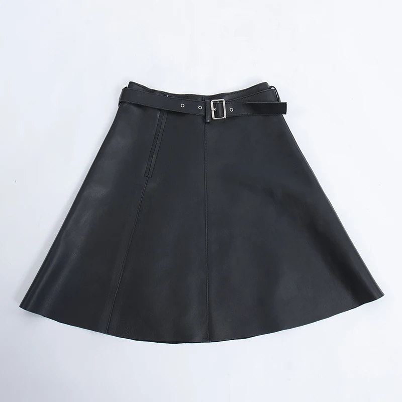 

Faldas mujer moda 2019 skirts womens midi genuine leather black real sheepskin embrella skirt