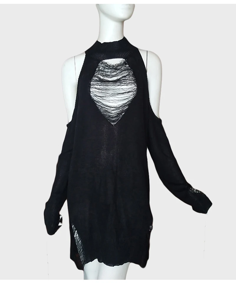 Готический крутой выдолбленный длинный женский свитер черный с открытыми плечами Леди Панк Джемперы сломанный разрез Отверстие Вязать сексуальный свитер с круглым вырезом