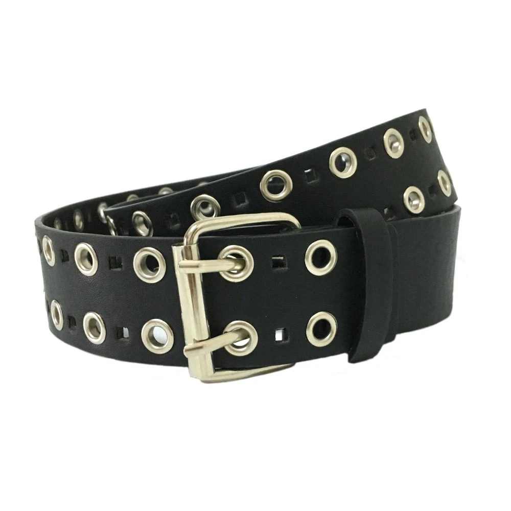 Retro PU cinturones de cuero para hombres mujeres negro ahuecado doble cinturones con hebilla cintura negro remache correas de Cinturones de hombre| AliExpress