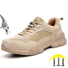 Летняя мужская легкая дышащая безопасная обувь со стальным носком с резиновой подошвой сапоги для термозащиты модная защитная Рабочая обувь