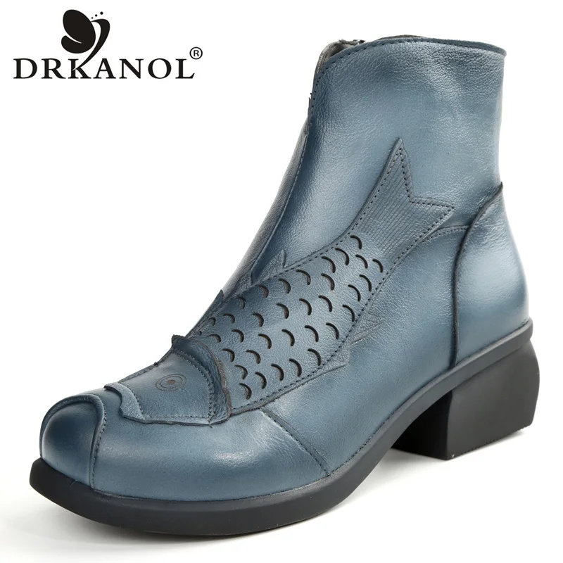 

DRKANOL DRKANOL big size 35-41 Retro Women Boots 2018 Cowhide Genuine Leather Thick Heel Ankle Boots Women Winter Warm Shoes