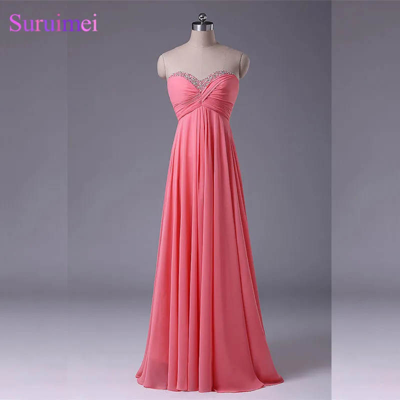 Watermelon Bridesmaid Dress Chiffon Floor Length Beaded Long Bride Maid