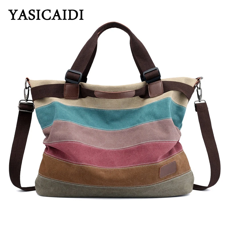 

YASICAIDI 2019 Casual Striped Canvas Tote Bag Fashion School Shopping Crossbody Shoulder Bag Luxury Handbags Women Bags Designer