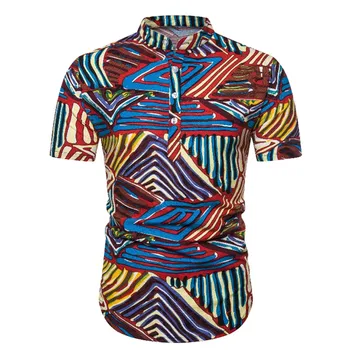 

Fashion Ethnic Striped Print Henley Shirt Men 2019 Brand New Mandarin Collar Short Sleeve Mens Dress Shirts Camisa Hombre XXL
