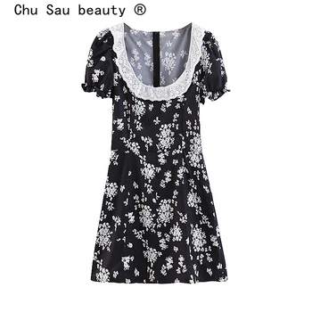 

Chu Sau beauty French Chic Floral Print Midi Dress Women New Sweet Hollow Out Lace collar Beach Mini Dresses Vestidos De Verano