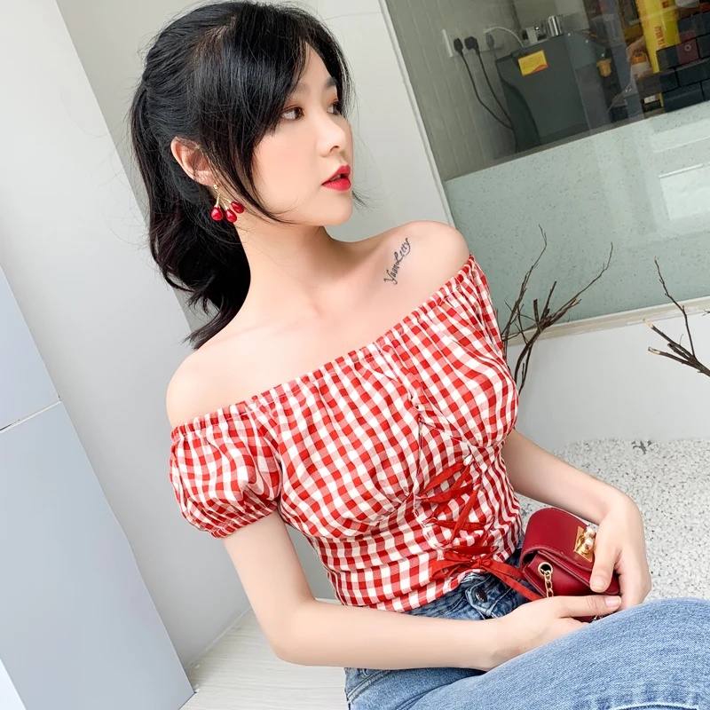 

New Women Shirts Loose Plaid Chiffon Design Feeling Small A Word All Dew Shoulder Garments Blouse Shirt Red 669
