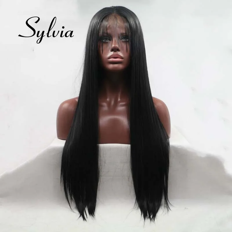 Sylvia 1b цвет Длинные шелковистые прямые черные парики с волосами младенца парики синтетические кружева передние парики для женщин термостойкие волокна волос