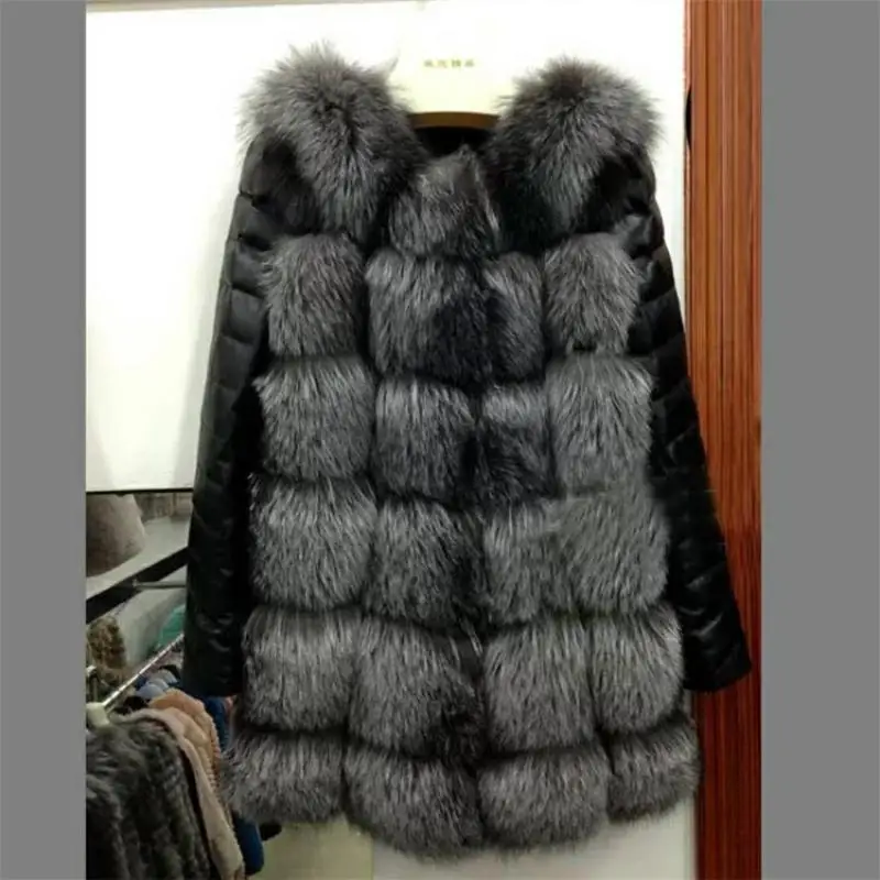 Gray womens parka jacket long Outwear fur PU stitching black slim coat women coat warm fur jackets bomberka damska 4XL