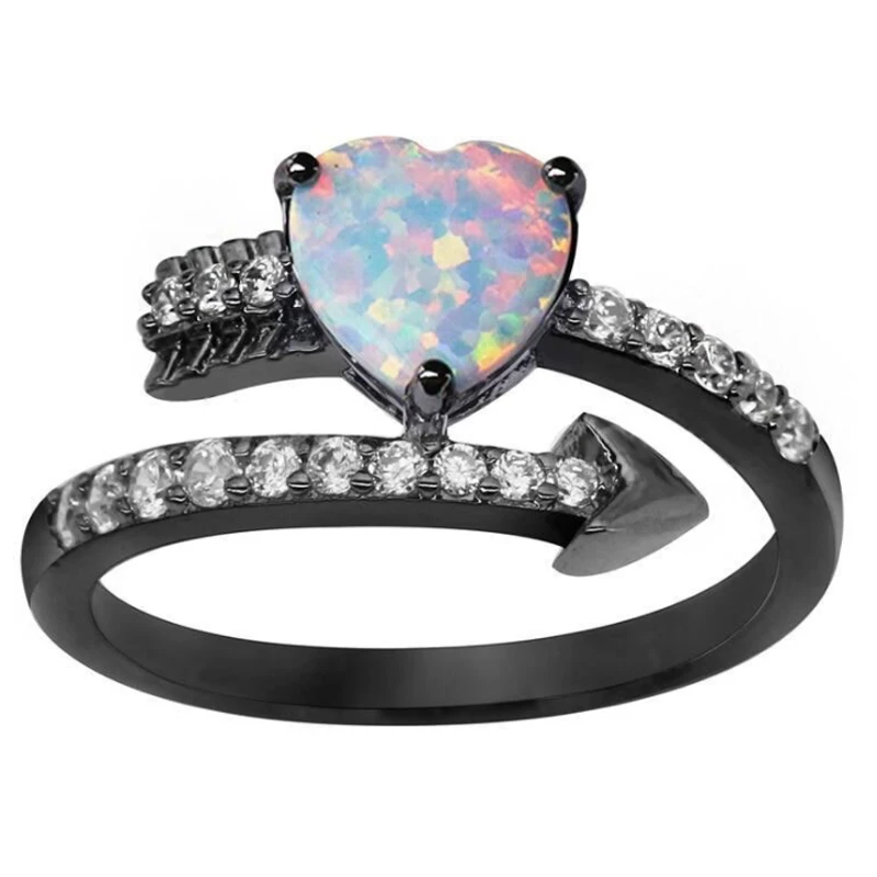 

Charm Zircon Heart Blue White fire Opal Rings For Women Vintage Black color Cupid arrow Female Ring Jewelry Party Accessories