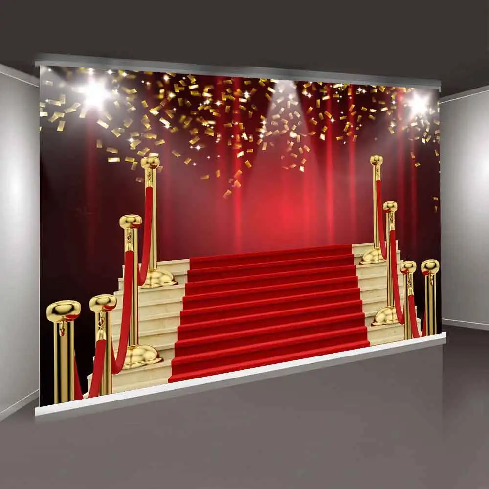 MTMETY Hollywood Red Curtain Background Red Carpet Stairs Props Vinyl Photography Video Backdrop for Graduation Party Decoration