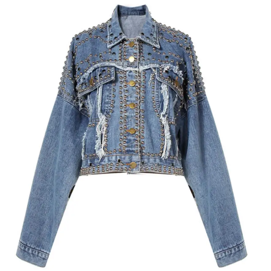 2018 fashion Autumn rivet Denim Jacket Women Pearls Beading denim women