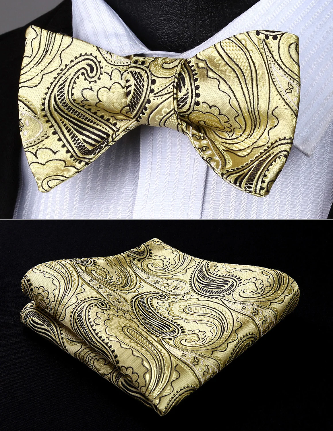 BP932DS Gold Black Paisley Bowtie Men Silk Self Bow Tie handkerchief
