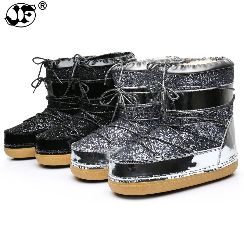 

2019 Snow Boots Winter Ankle Boots Women Shoes Fur Warm Boots Female Plus Size Casual Shoes Platform Non Slip Gold Bling Lack Up