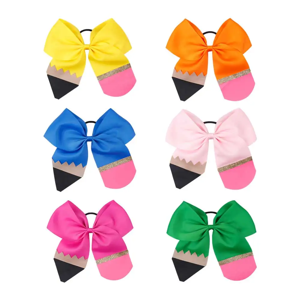 

2019 new Fashion Pencil Print Glitter Cheer Bows Back To School Barrettes Elastic Hair Rope For Kids Hair Accessories
