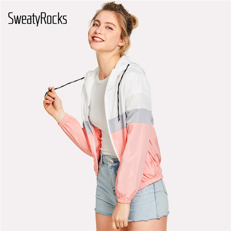 

SweatyRocks Color Block Elastic Waist Drawstring Jacket 2018 New Fashion Multicolor Zipper Woman Clothing Ladies Spring Jacket