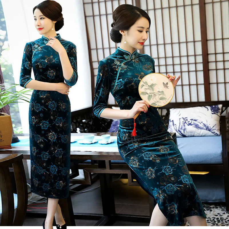 Cheongsam велюровое платье Ципао с принтом винтажные модные улучшенные Осенние Длинные платья Вечерние платья для мам и свадеб - Цвет: Longgreen