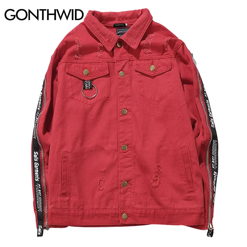 GONTHWID Ripped Denim Jackets Mens Zip Sleeve Ribbon Jeans Jacket New
