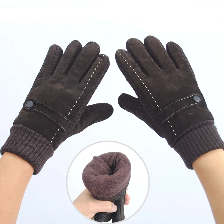 

Fashion warm 2014 winter men leather gloves wrist black solid color thicken knitted pigskin Genuine leather winter gloves S126