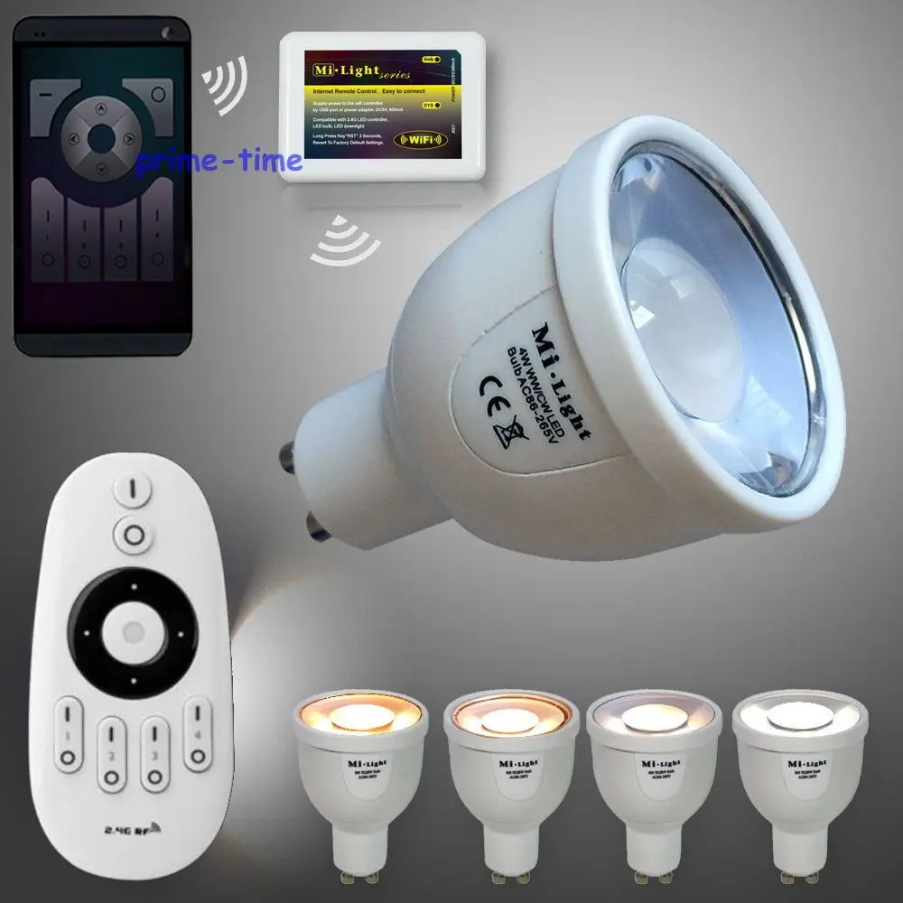 Mi.light 4 Zone RF Wireless Remote + 4pcs 2.4G GU10 5W CCT Dual White LED Bulb Color Temperature
