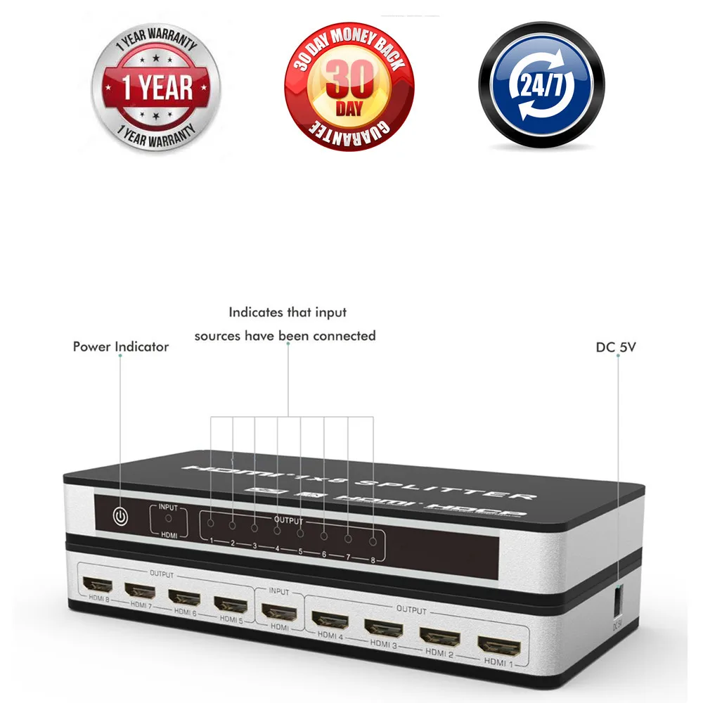 HDMI 2.0 HDCP 2.2 1x4 1X8 HDMI Splitter 1 Input 4/8 Output 4K@60Hz HDMI Splitter Amplifier Switch Box For Apple TV PS3 DVD HDTV