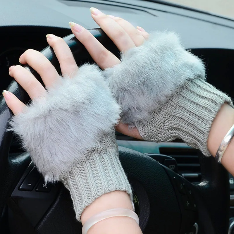 Light Grey Модные женские зимние перчатки из плюша и искусственного меха, вязаные шерстяные теплые короткие перчатки без пальцев для девушек и женщин, теплые перчатки SL - Цвет: Light Grey