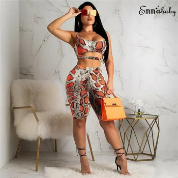 

2PCS/Set Women Sports Suit Snake Skin Print Tank Crop Tops High Waist Shorts Pants Holes Outfit Yoga Workout Clothes Tracksuit