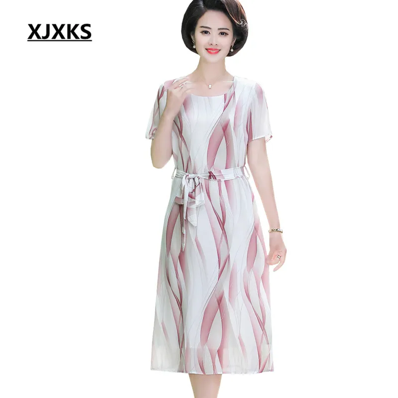 

XJXKS 2019 summer new women's dress loose plus size round neck short-sleeved high waist women's chiffon dress