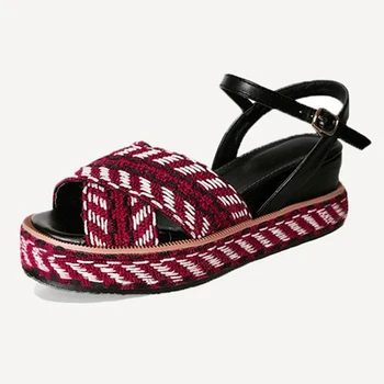 

Vogue Patchwork Gingham Women Sandals Peep Toe Gladiator Platform Sandals Flat Heel Summer Beach Shoes Sandalias Mujer SWC0028