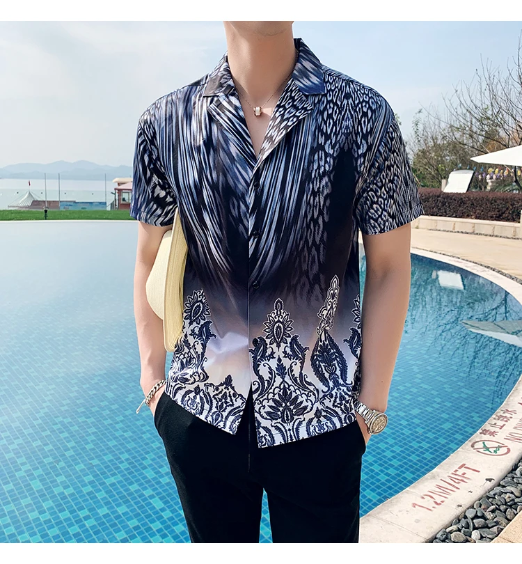 2019 ретро печати рубашки Для мужчин лето с коротким рукавом Slim Fit рубашка Для мужчин v-образным вырезом Fashion Club Пром рубашка Camisa Masculina